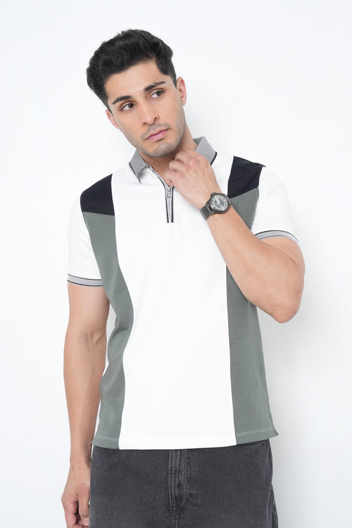 Colorblock Polo Neck T-Shirt with Zip Detail