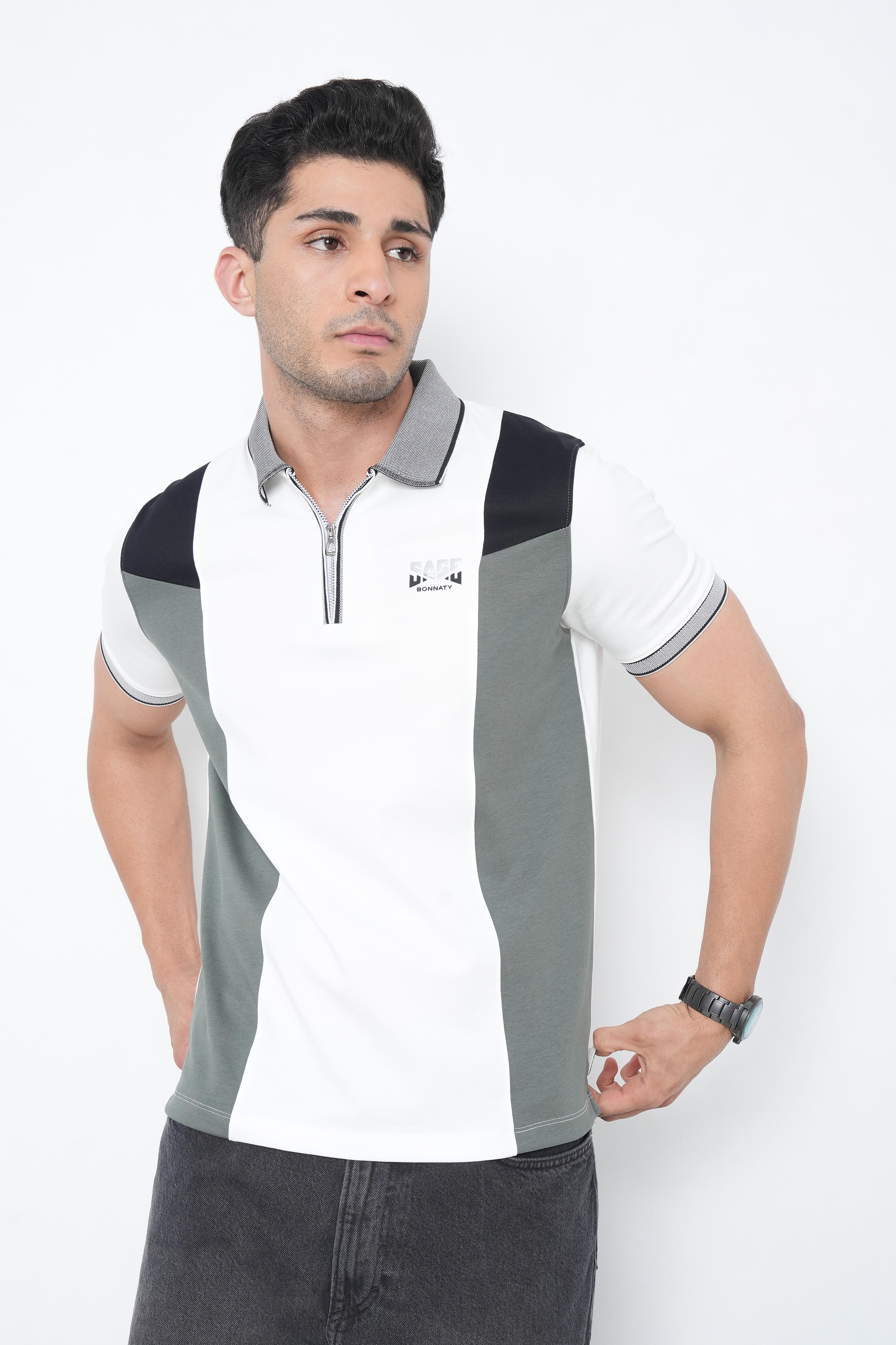 Colorblock Polo Neck T-Shirt with Zip Detail