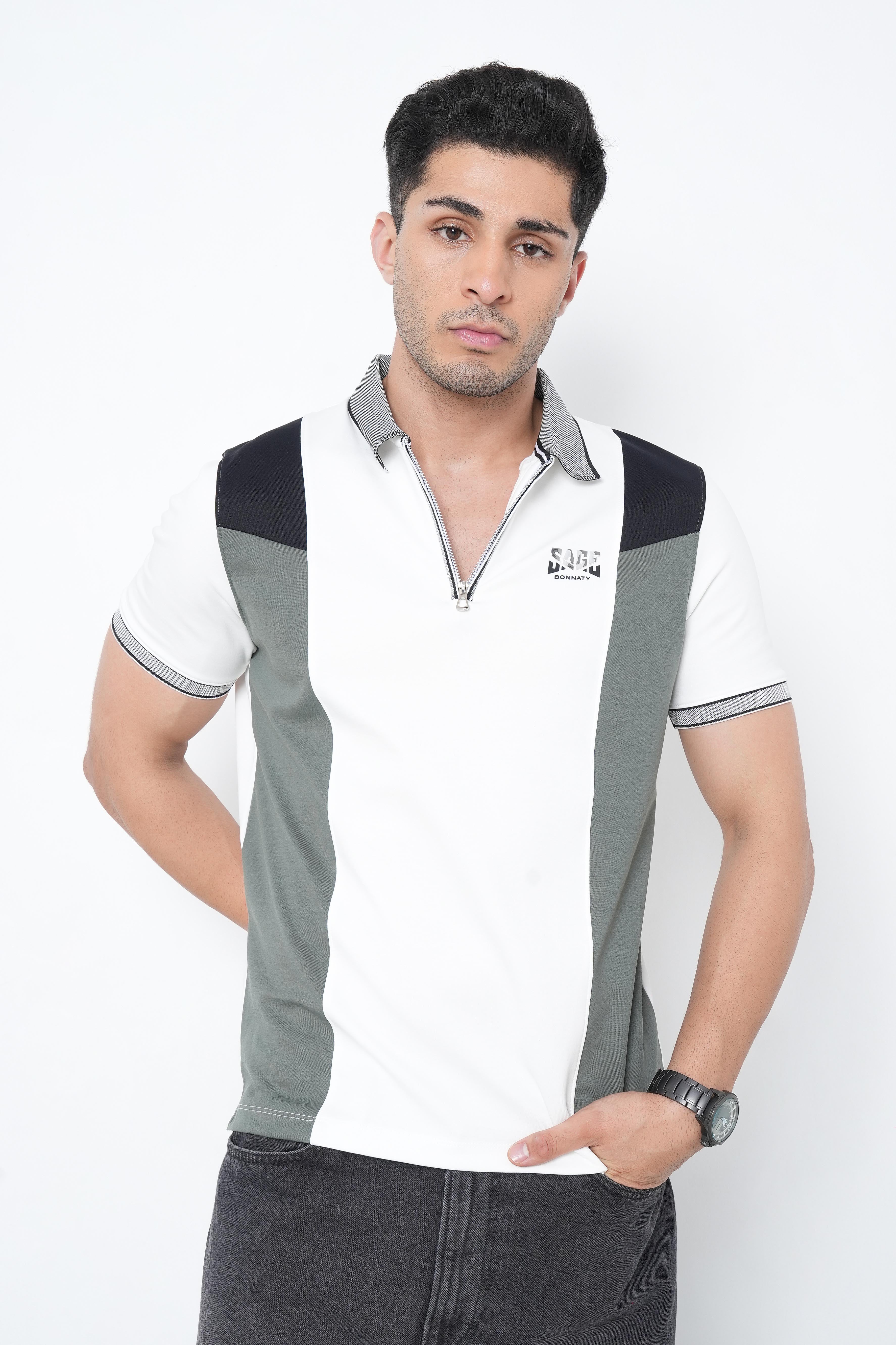 Colorblock Polo Neck T-Shirt with Zip Detail