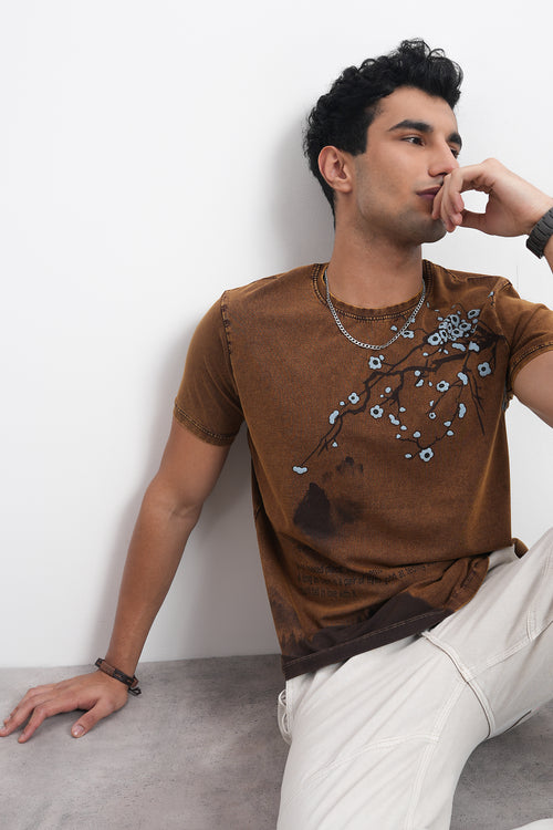 Men’s Acid-Wash Graphic Tee – Earth Tone Floral Edition