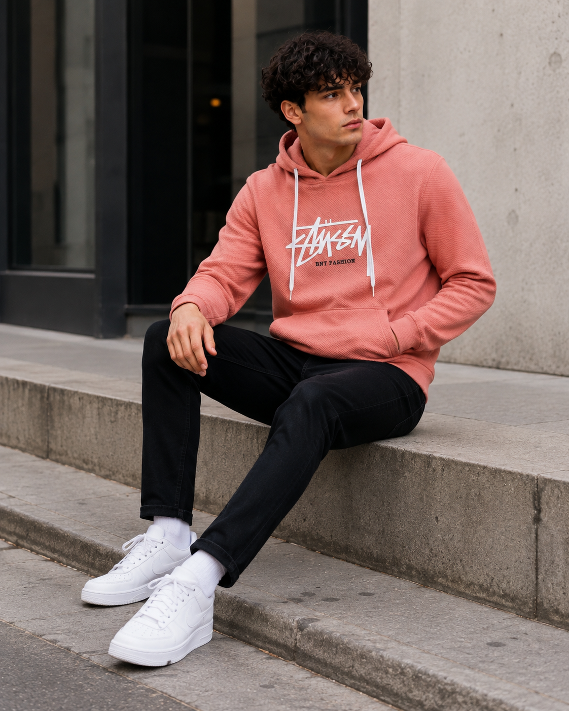 Men Peach Textured Graphic Printed Hooded Sweatshirt