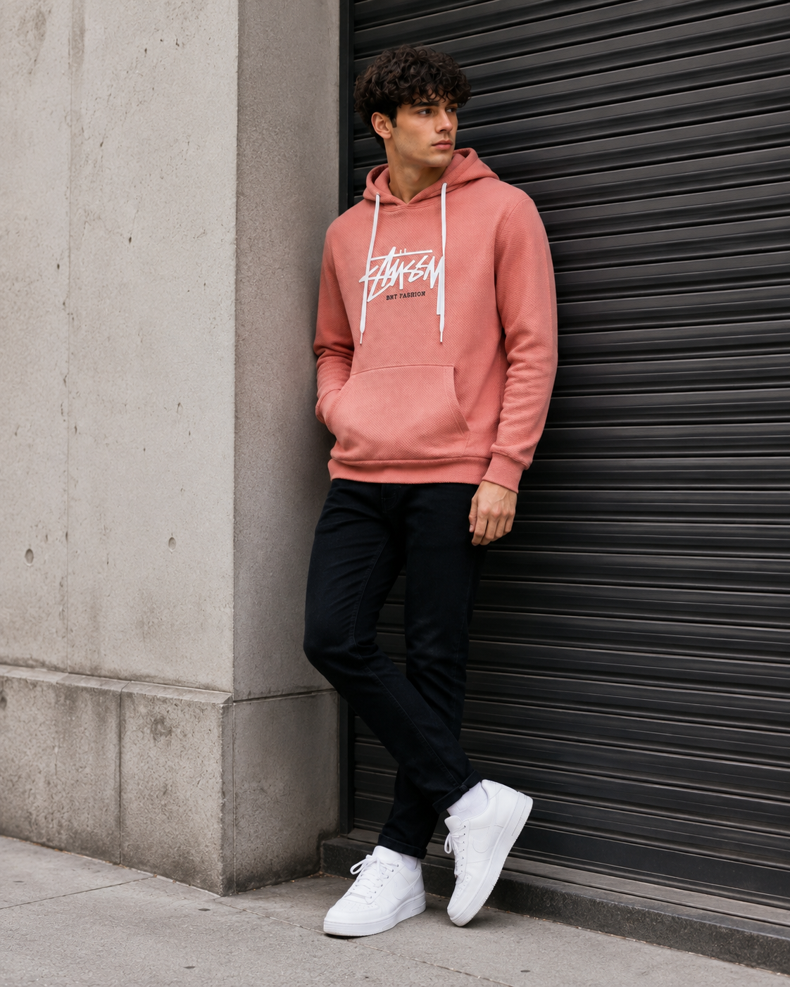 Coral Textured Graphic Hoodie-3