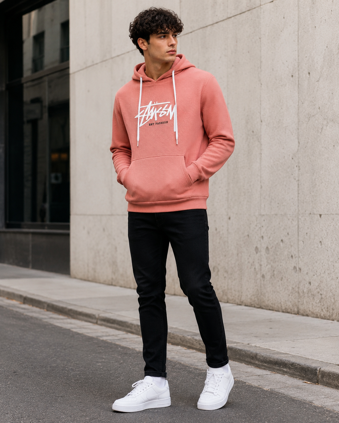 Coral Textured Graphic Hoodie-4
