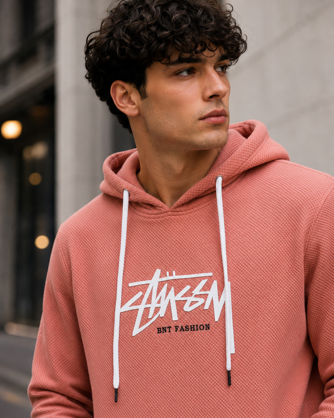 Men Peach Textured Graphic Printed Hooded Sweatshirt