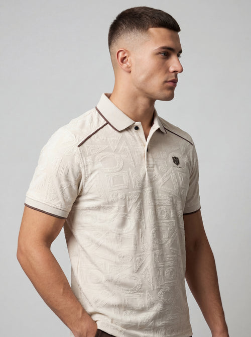 Bonnaty Geometric Textured Knit Polo Beige T-Shirt