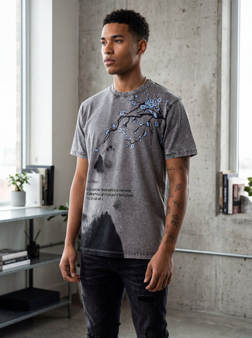 Men Acid Wash Shadow Blossom Graphic T-Shirt – Charcoal Grey