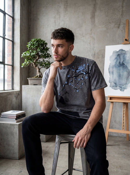 Men Acid Wash Shadow Blossom Graphic T-Shirt – Charcoal Grey