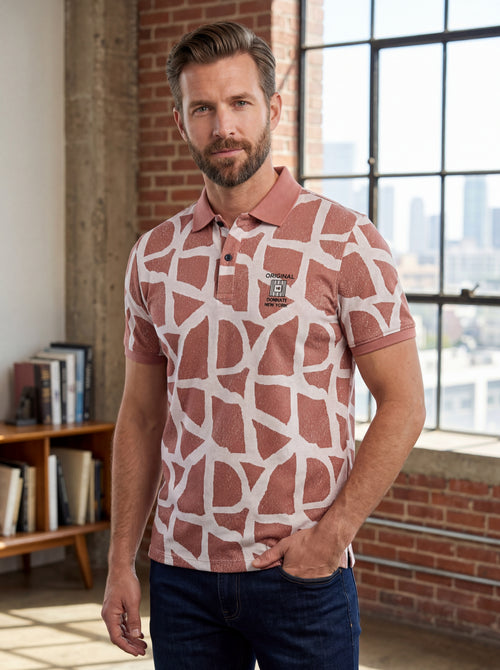 Men’s "Desert Mosaic" Geometric Polo – Rosewood & Ivory
