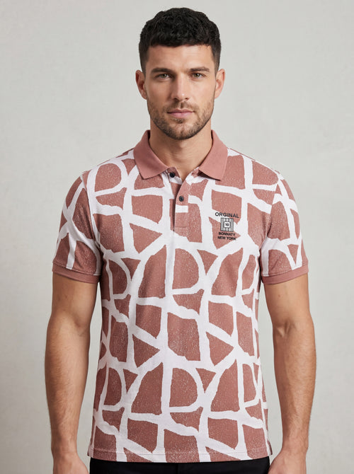 Men’s "Desert Mosaic" Geometric Polo – Rosewood & Ivory