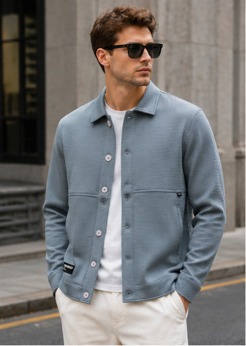 Cement Grey Waffle Textured Button-Down Trucker Overshirt Jacket