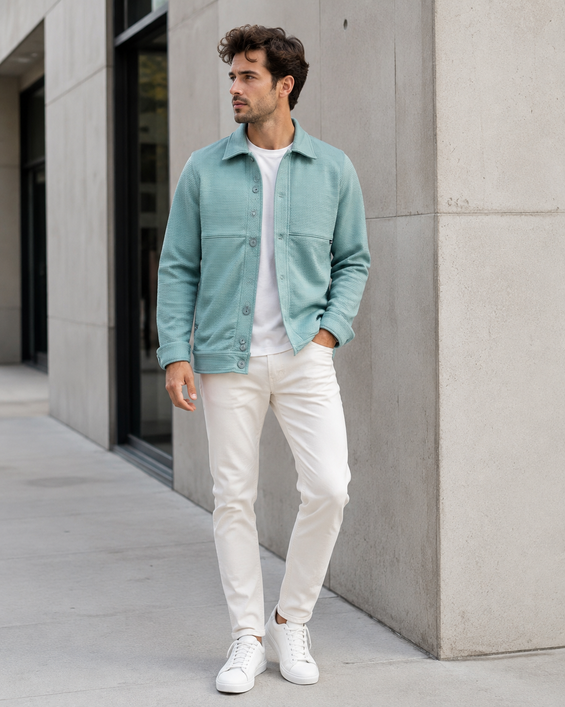 Pista Green Waffle Textured Button-Down Trucker Overshirt Jacket