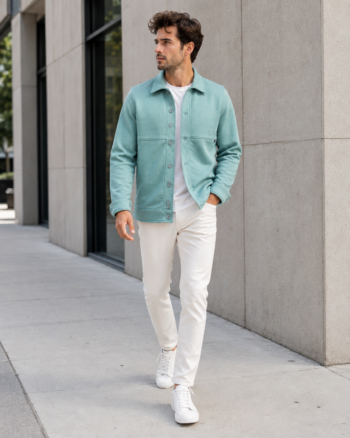 Pista Green Waffle Textured Button-Down Trucker Overshirt Jacket-3