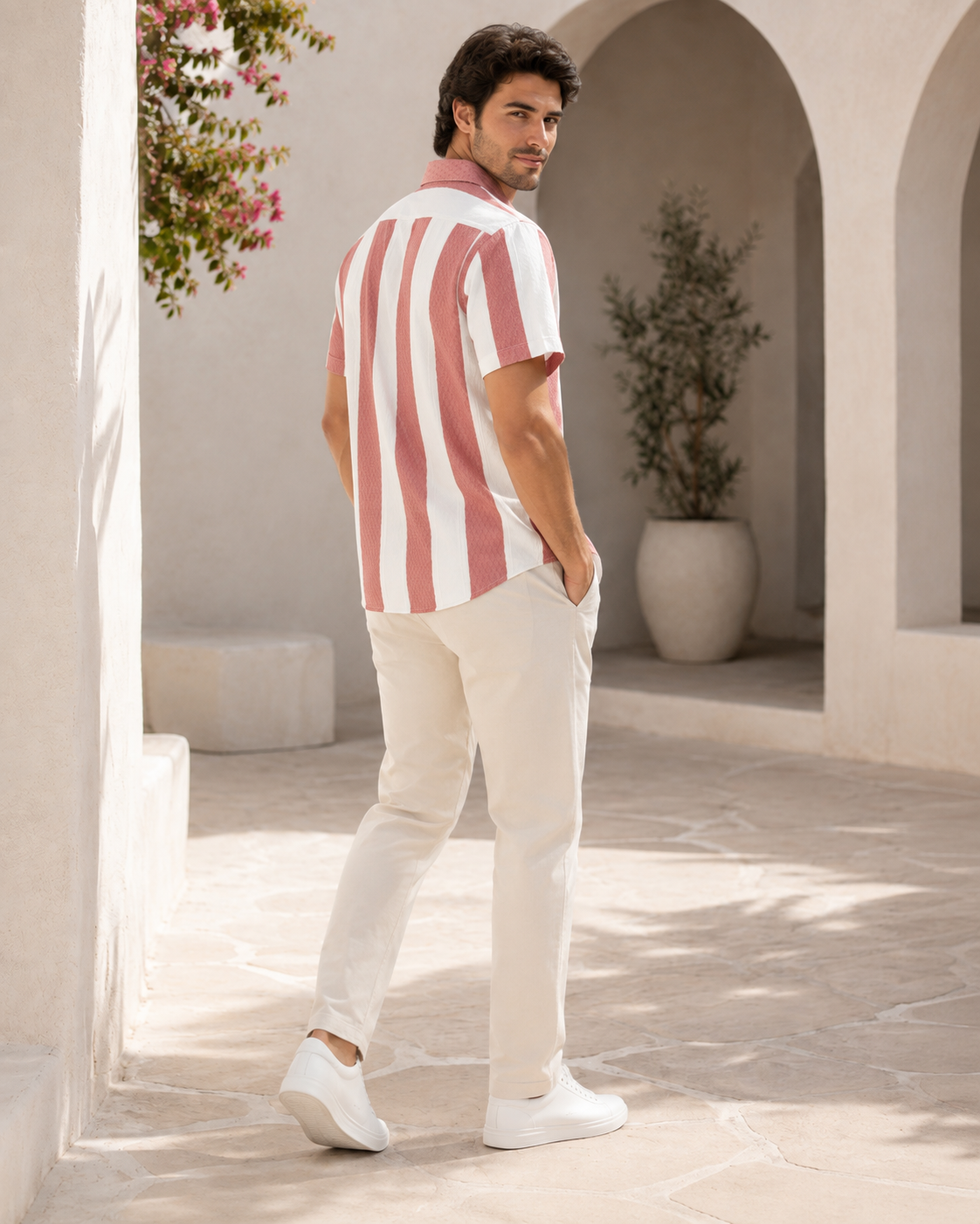 Men’s Peach Vertical Striped Casual Shirt-3