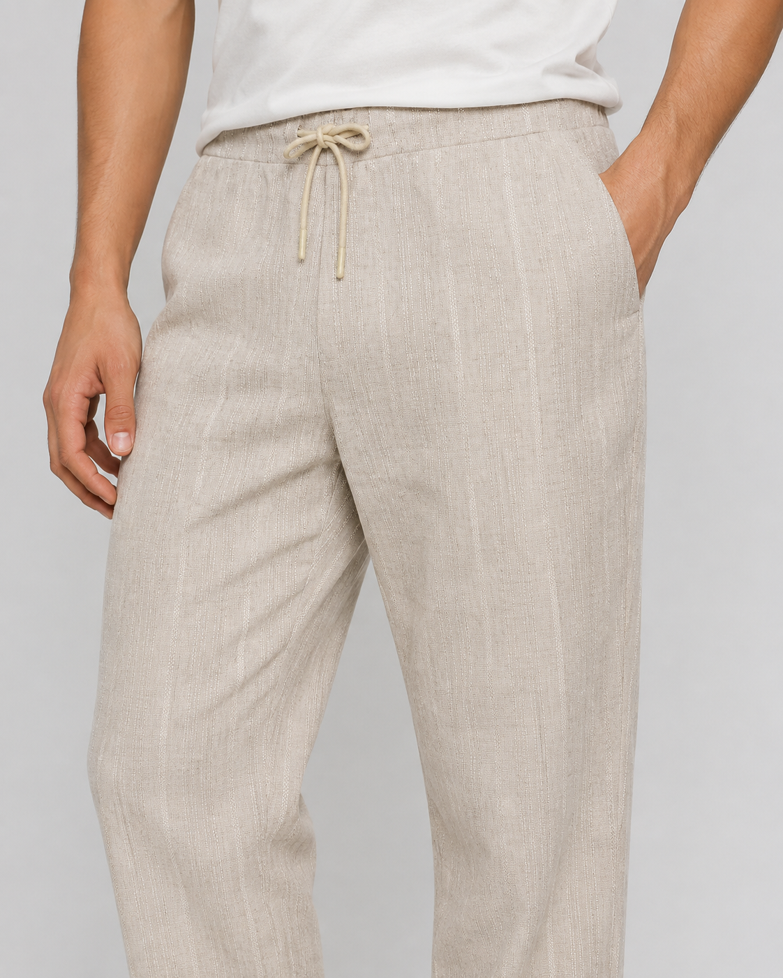 Beige Relaxed-Fit Linen Casual Track Pants