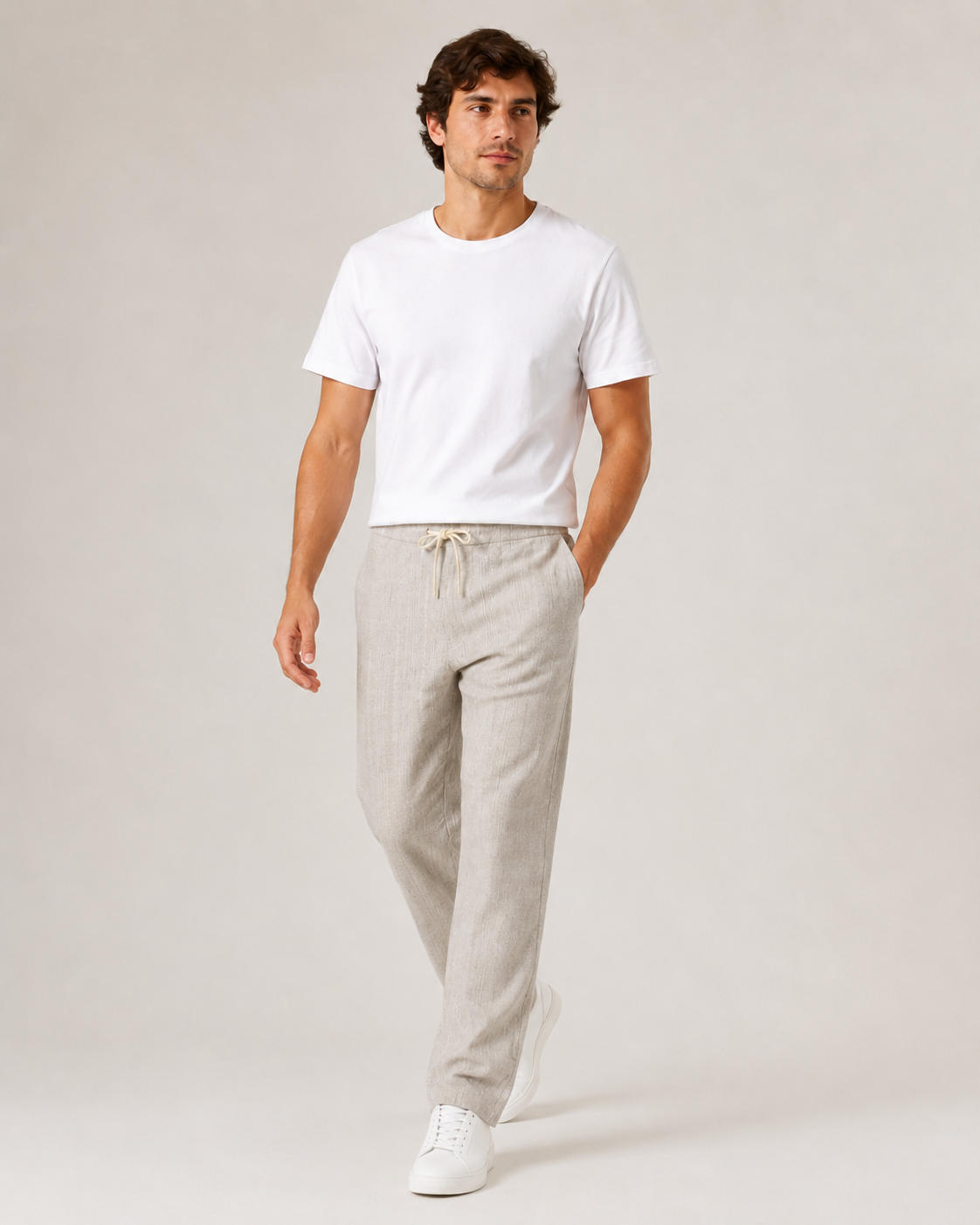 Beige Relaxed-Fit Linen Casual Track Pants