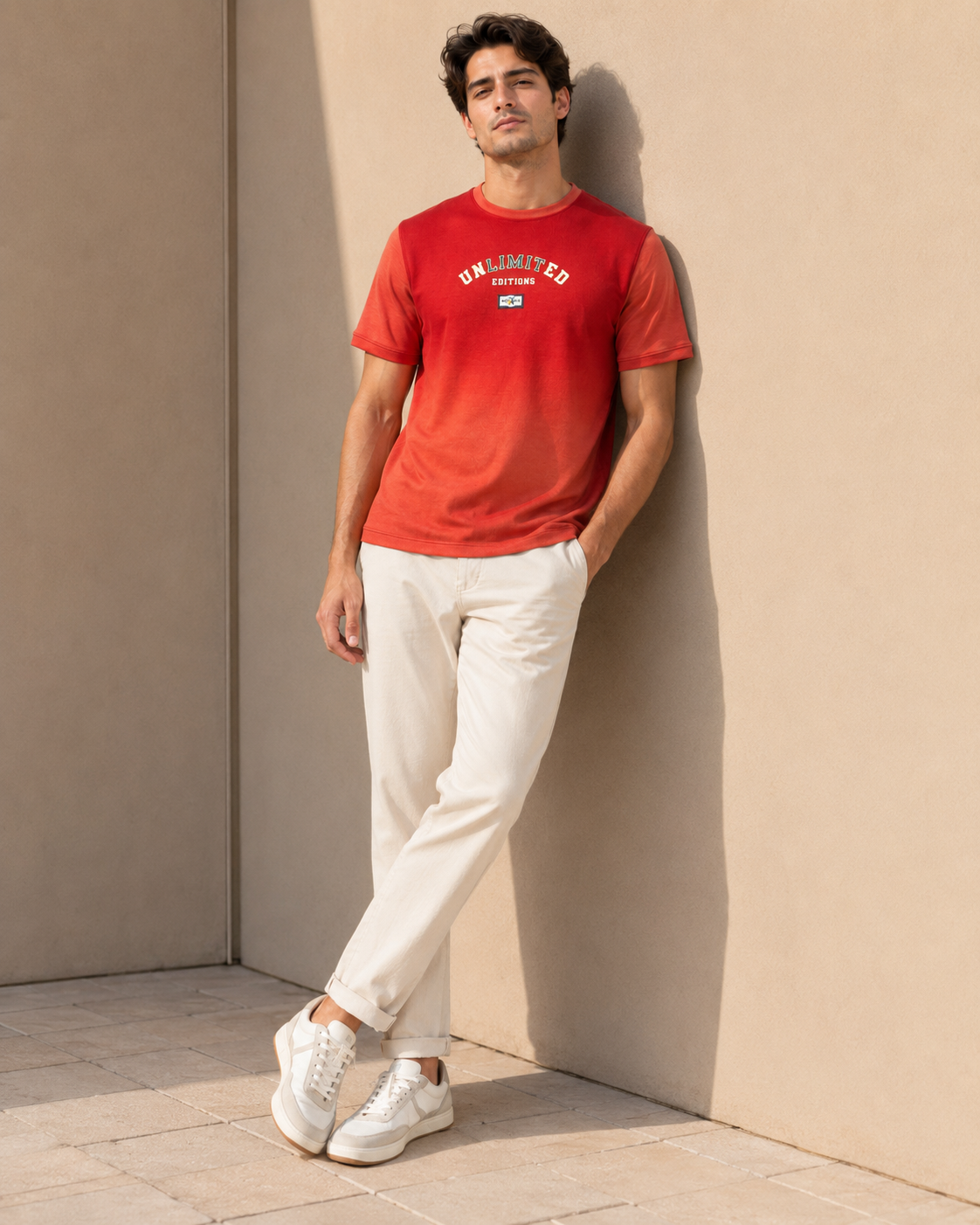 Men Rust Orange Ombre Dip-Dye UNLIMITED EDITIONS Chest Print T-Shirt