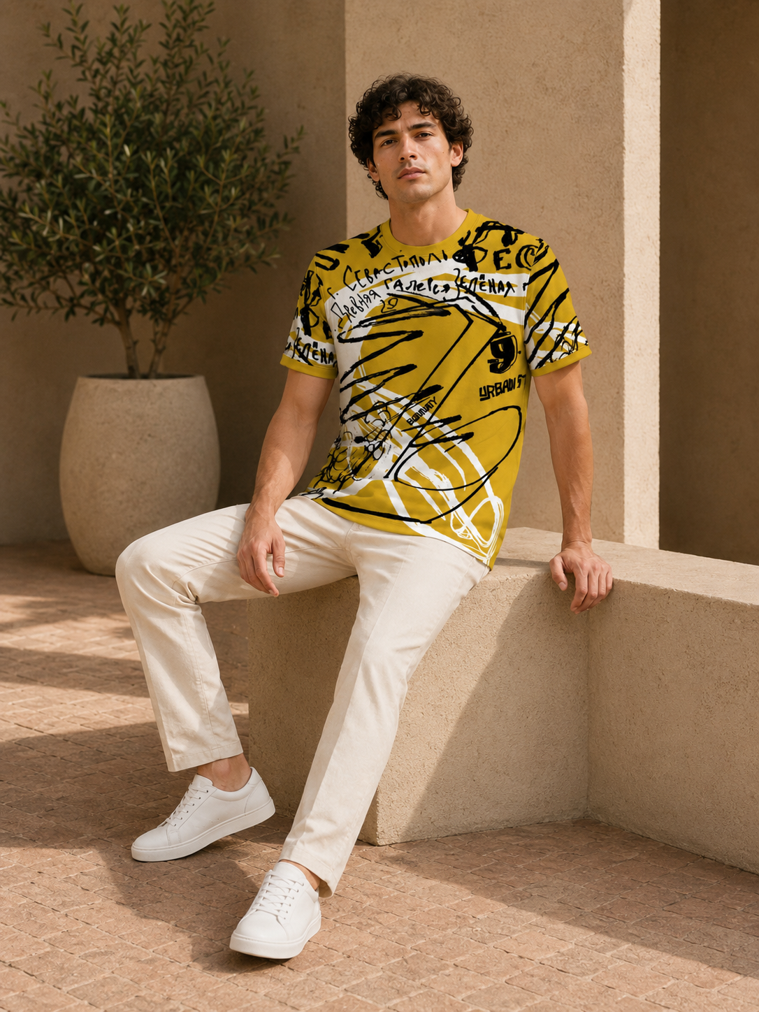 Men Mustard Yellow Abstract Scribble & Typography Printed T-Shirt