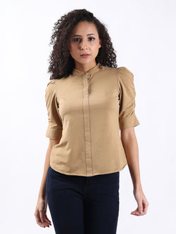 BEIGE PUFF SLEEVE HALF PLACKET TOP