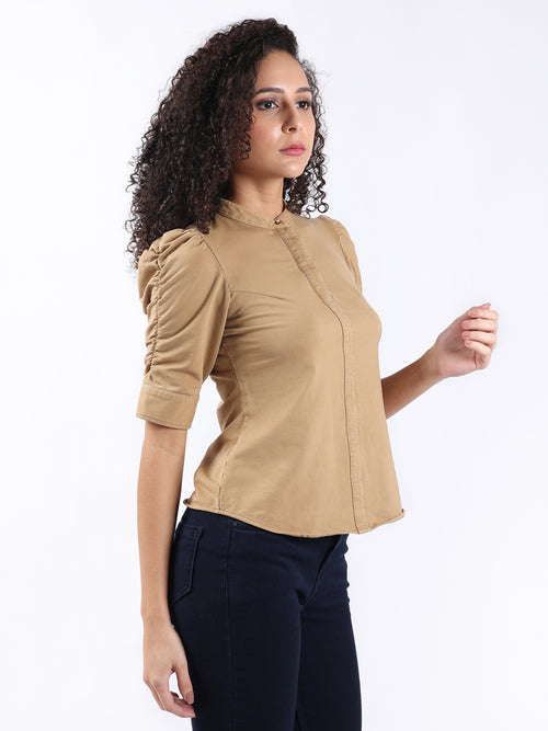 BEIGE PUFF SLEEVE HALF PLACKET TOP