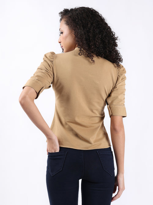 BEIGE PUFF SLEEVE HALF PLACKET TOP