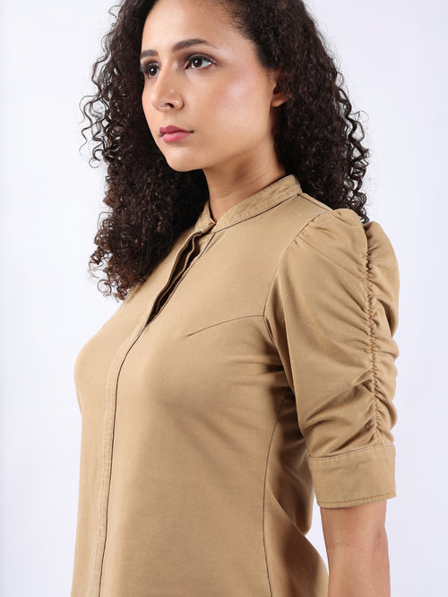 BEIGE PUFF SLEEVE HALF PLACKET TOP