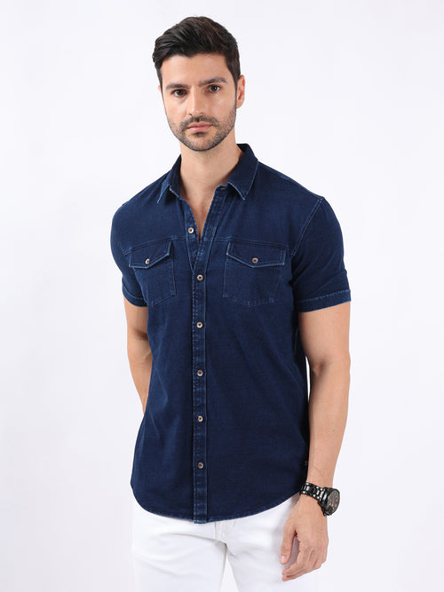 CLASSIC DARK DENIM KNIT SHIRT