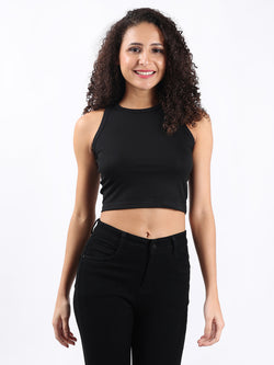 BLACK RIBBED CROP TANK TOP