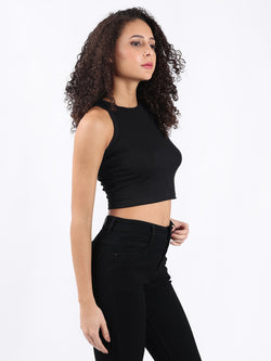 BLACK RIBBED CROP TANK TOP