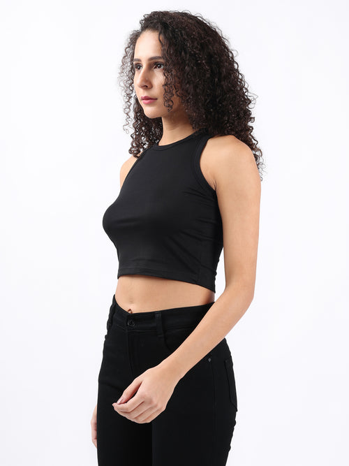 BLACK RIBBED CROP TANK TOP