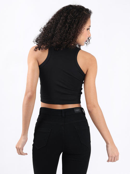 BLACK RIBBED CROP TANK TOP