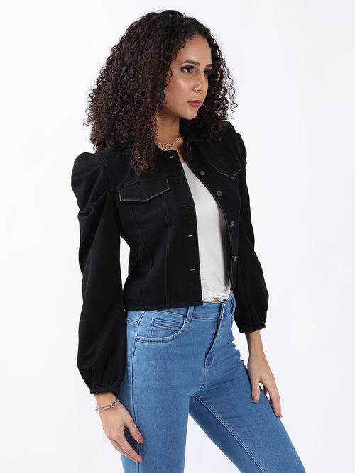 PUFF-SLEEVED BLACK DENIM JACKET