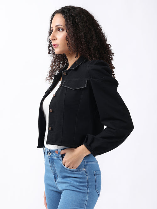 PUFF-SLEEVED BLACK DENIM JACKET