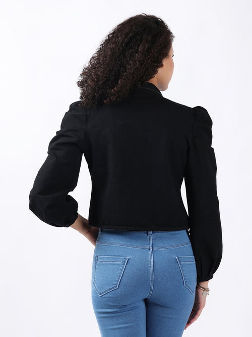 PUFF-SLEEVED BLACK DENIM JACKET