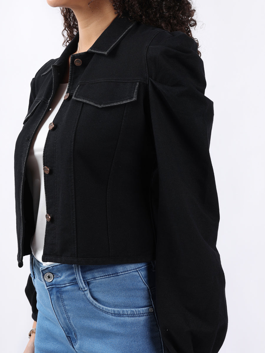 PUFF-SLEEVED BLACK DENIM JACKET – Bonnaty