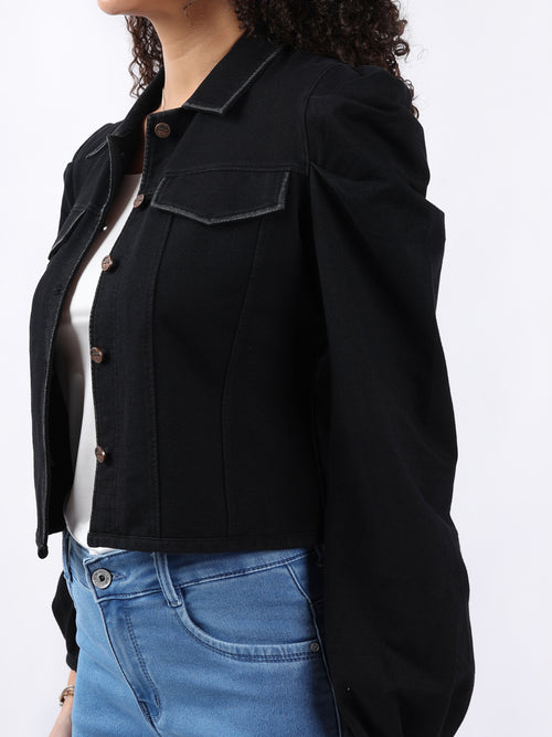 PUFF-SLEEVED BLACK DENIM JACKET