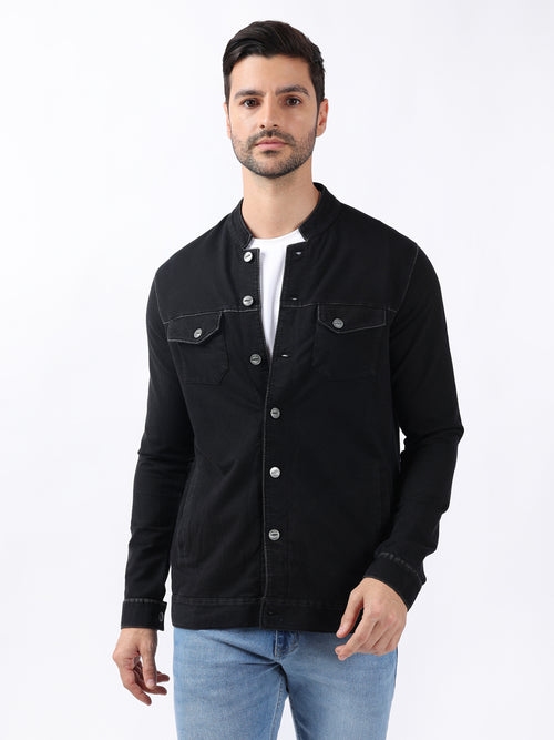 MANDERIN COLLAR BLACK DENIM JACKET