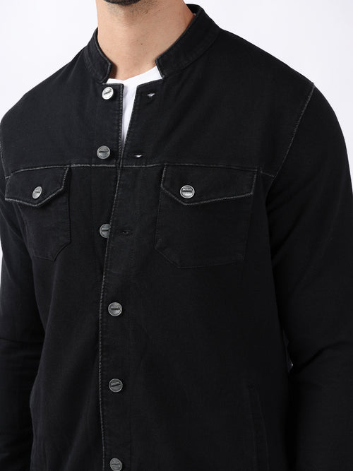 MANDERIN COLLAR BLACK DENIM JACKET