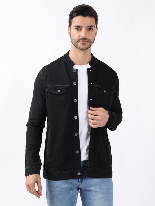 MANDERIN COLLAR BLACK DENIM JACKET