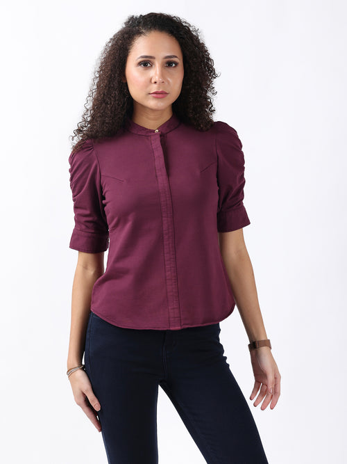 WINE PUFF SLEEVE HALF PLACKET TOP