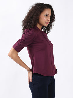 WINE PUFF SLEEVE HALF PLACKET TOP