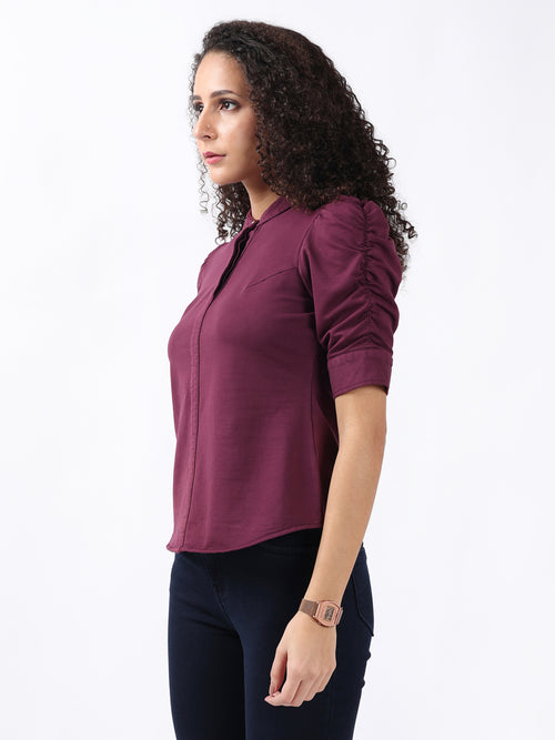 WINE PUFF SLEEVE HALF PLACKET TOP