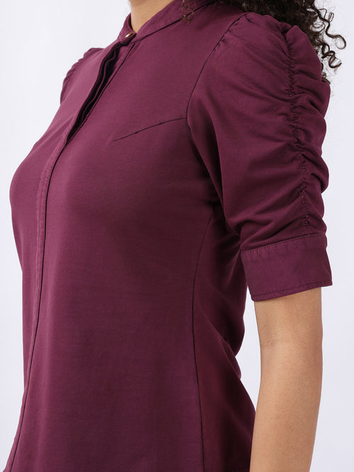 WINE PUFF SLEEVE HALF PLACKET TOP