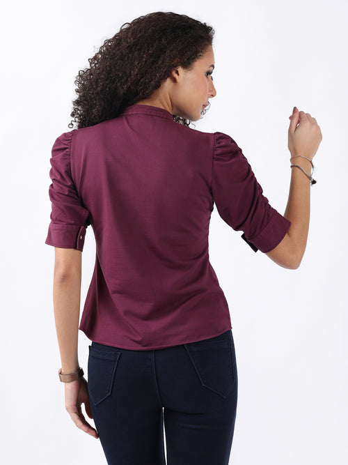 WINE PUFF SLEEVE HALF PLACKET TOP