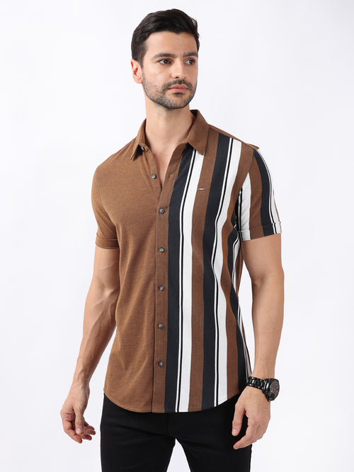 CAMEL ASYMMETRIC STRIPE KNIT SHIRT