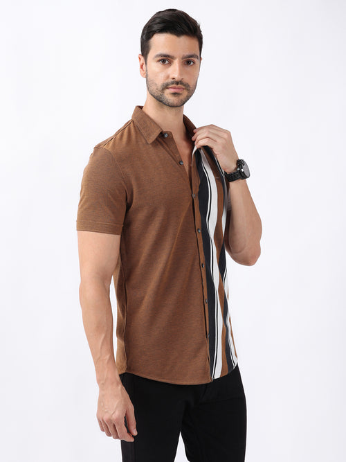 CAMEL ASYMMETRIC STRIPE KNIT SHIRT