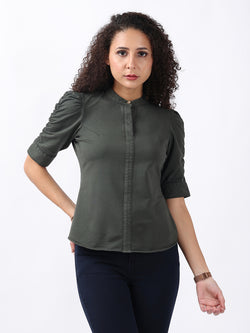 OLIVE PUFF SLEEVE HALF PLACKET TOP