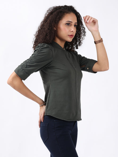 OLIVE PUFF SLEEVE HALF PLACKET TOP