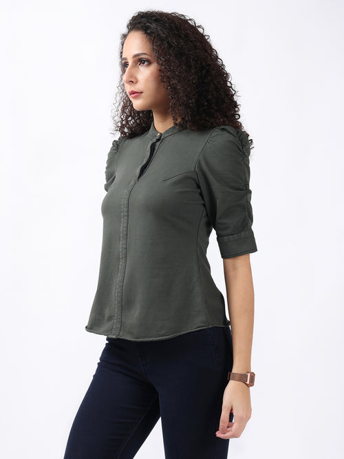 OLIVE PUFF SLEEVE HALF PLACKET TOP