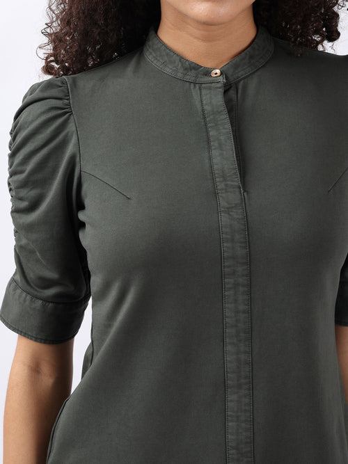 OLIVE PUFF SLEEVE HALF PLACKET TOP