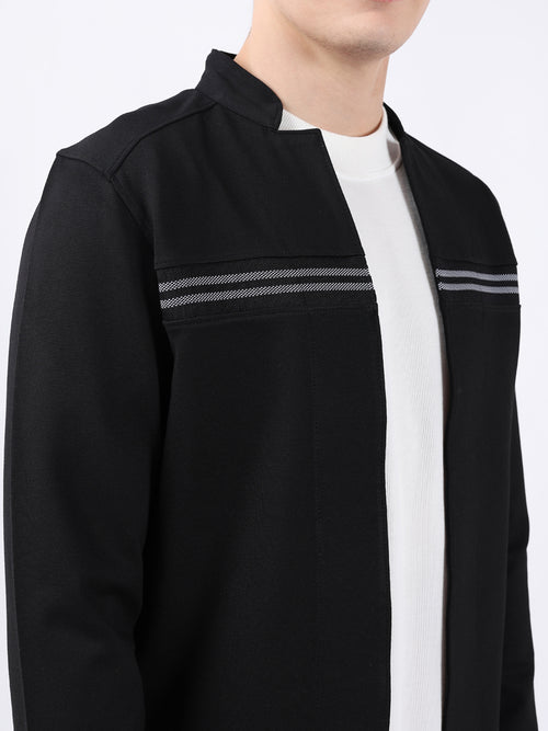 BLACK CARDIGAN WITH CUT & SEW RIB PANEL